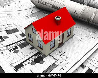 3D Abbildung des Hauses Maquette über Baupläne Stockfoto