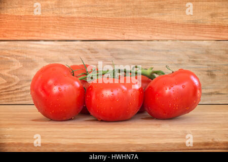 Zweig der Tomaten mit Wassertropfen auf Holzbohlen Hintergrund Stockfoto