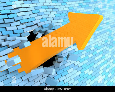 3D Abbildung des orangefarbenen Pfeil brechen blaue Ziegel Wand Stockfoto