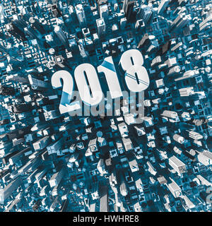 Stadt-2018-Konzept / 3D-Illustration Antenne City view mit Text 2018 in Midtown Stockfoto