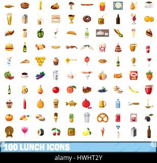 100 Mittagessen Icons set, cartoon-Stil Stock Vektor