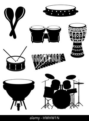 Percussion Musikinstrumente stellen Icons schwarzen Umriss Silhouette Lager Vektor-Illustration isoliert auf weißem Hintergrund Stock Vektor