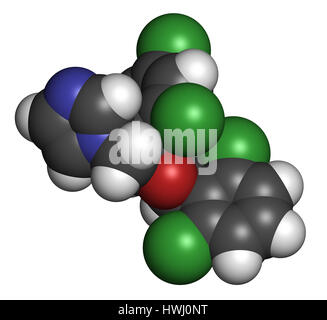 Isoconazole antimykotische Wirkstoffmolekül. 3D-Rendering. Atome sind als Kugeln mit konventionellen Farbcodierung vertreten: Wasserstoff (weiß), Kohlenstoff (grau), Stockfoto