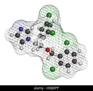 Isoconazole antimykotische Wirkstoffmolekül. 3D-Rendering. Atome sind als Kugeln mit konventionellen Farbcodierung vertreten: Wasserstoff (weiß), Kohlenstoff (grau), Stockfoto