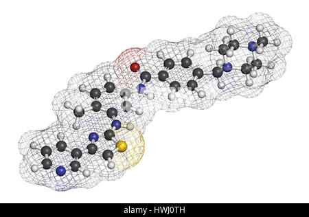 Masitinib Krebs Wirkstoffmolekül. 3D-Rendering. Atome sind als Kugeln mit konventionellen Farbcodierung vertreten: Wasserstoff (weiß), Kohlenstoff (grau), Sauerstoff Stockfoto