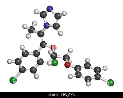 Omoconazole antimykotische Wirkstoffmolekül. 3D-Rendering. Atome sind als Kugeln mit konventionellen Farbcodierung vertreten: Wasserstoff (weiß), Kohlenstoff (grau), Stockfoto