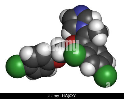 Omoconazole antimykotische Wirkstoffmolekül. 3D-Rendering. Atome sind als Kugeln mit konventionellen Farbcodierung vertreten: Wasserstoff (weiß), Kohlenstoff (grau), Stockfoto