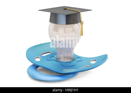 Baby Bildungskonzept, Schnuller mit Graduation Cap. 3D-Rendering Stockfoto