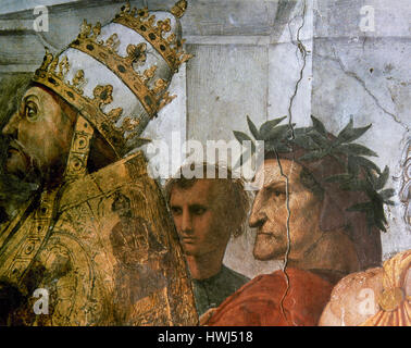 Raphael (1483-1520). Italienischer Maler. Disputation von dem Heiligen Sakrament. Detail: Papst Sixtus IV. und Dante Alighieri. 1509-1510. Apostolischer Palast, Vatikan. Stockfoto