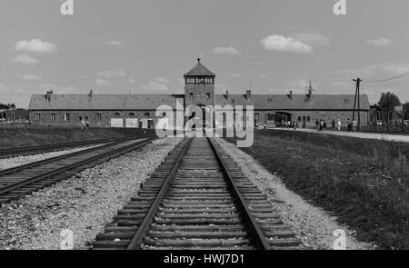 Bahngleise, Torhaus, Konzentrationslager, Auschwitz-Birkenau, Auschwitz, Polen Stockfoto