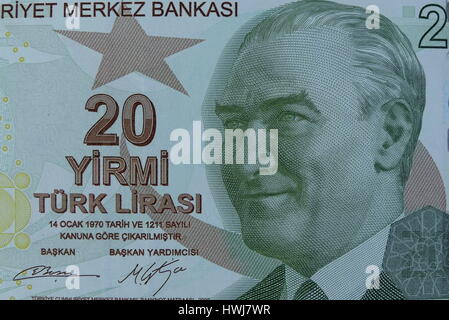 Nahaufnahme von Mustafa Kemal Atatürk auf 20 Lira Banknote. Stockfoto