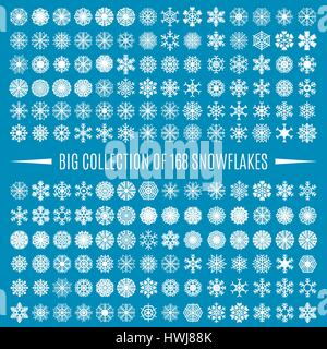 Große Sammlung von weißen Schneeflocken, isoliert auf einem blauen Hintergrund. Material und Design Grafikelemente zu schmücken, Grußkarten und Poster, vecto Stock Vektor