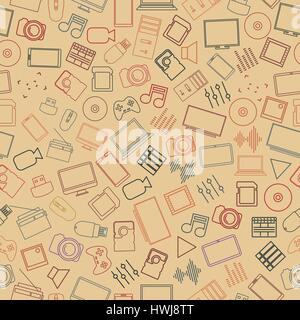 Nahtlose Hintergrund aus einer Reihe von digitalen Geräten und Computer-Zubehör von dünnen Linien, Vektor-Illustration. Stock Vektor