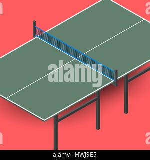 Tabelle für Tennis und Tischtennis in der isometrischen Ansicht isoliert auf rotem Hintergrund, design Elemente Sportgeräte, Vektor-Illustration. Stock Vektor