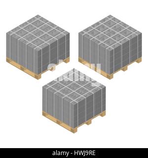 Holzpaletten mit verschiedenen Betonblöcken, isoliert auf weißem Hintergrund. Baumaterialien design-Elemente. Flache isometrische 3D-Stil, Vektor Interessenvertreter Stock Vektor