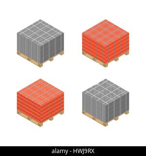 Holzpaletten mit verschiedenen Blöcken und Ziegel isoliert auf weißem Hintergrund. Baumaterialien design-Elemente. Flache isometrische 3D-Stil, Vektor, Abbildung Stock Vektor