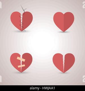 Reihe von verschiedenen Papier Herz Icons isoliert auf einem hellen Hintergrund, flachen Stil, Vektor-Illustration. Stock Vektor