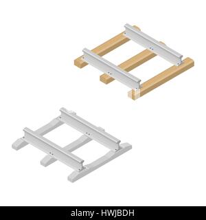 Railroad tracks mit Holz- und Schwellen, die isoliert auf weißem Hintergrund. Flache isometrische 3D-Stil, Vektor-Illustration. Stock Vektor