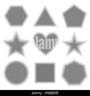 Satz von verschiedenen geometrischen Formen und Symbole mit Halbton Effekt. Punkte-Texturen, Vektor-Illustration. Stock Vektor
