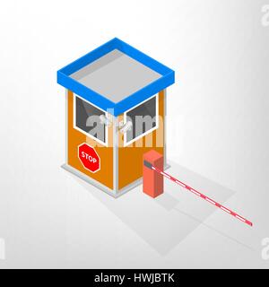 Sicherheit-Lodges mit automatischen Schranken und Videoüberwachungskameras isoliert auf weißem Hintergrund. Flache isometrische 3D-Stil, Vektor-Illustration. Stock Vektor