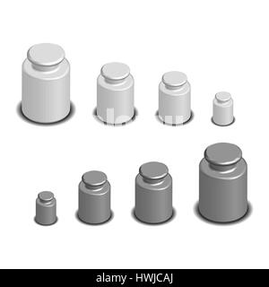 Legen Sie fotorealistische Kalibriergewichte für Waagen in verschiedenen Größen. Isometrische 3D-Stil, Vektor-Illustration. Stock Vektor