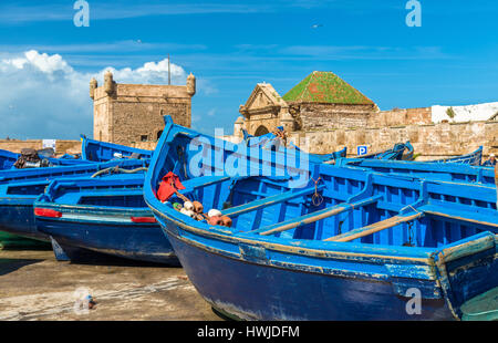 Blaue Angelboote/Fischerboote im Hafen von Essaouira, Marokko Stockfoto