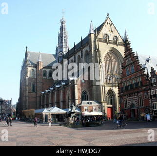 Grote Kerk oder St. Bavo-Kirche, ehemalige katholische Kathedrale am zentralen Marktplatz (Grote Markt) von Haarlem, Niederlande. Auf richtige De Hallen museum Stockfoto