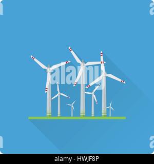 flaches Design lange Schatten Wind Energie Anlagen Vektor-illustration Stock Vektor
