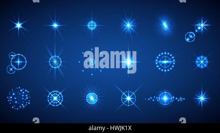 Licht-Effekte einstellen. Vektor-Illustration von abstrakten leuchtende Lichter, Blitze, Objektiv Fackeln, Sterne und funkelt für Ihr design Stock Vektor