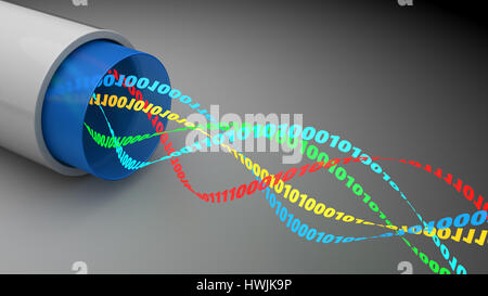 abstrakt 3d Illustration der Faseroptik Kabel und binäre Datenstrom innerhalb Stockfoto