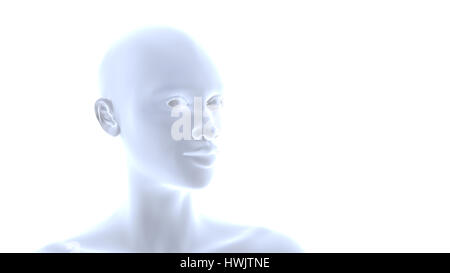 Hälfte-Profil von einer attraktiven lächelnde afrikanische Frau (konzeptionelle 3d Darstellung in Schattierungen von blau auf weißem Hintergrund) 005 Stockfoto