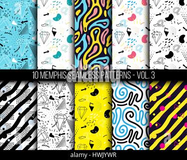 10 universal verschiedene geometrische Memphis nahtlose Muster Stock Vektor