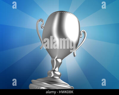 3D Abbildung des Silbertrophäe Cup auf blauem Hintergrund Stockfoto