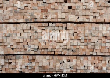 Viele Enden von quadratischem Querschnitt aus Holz Kiefer Balken als Hintergrund. Stockfoto