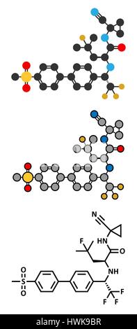 Odanacatib Osteoporose und Knochen Metastasen Wirkstoffmolekül. Stilisierte 2D Renderings und konventionellen Skelettformel. Inhibitor von Cathepsin K. Stock Vektor