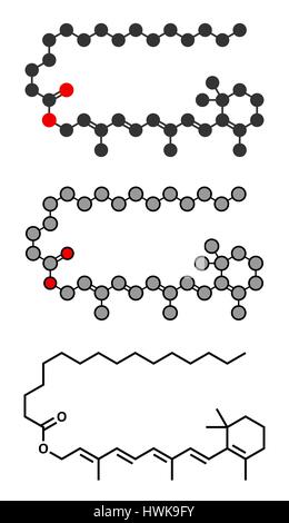 Retinylpalmitat Palmitat Vitamin Supplement Molekül. Stilisierte 2D Renderings und konventionellen Skelettformel. Ester von Vitamin A (Retinol) und Palmitinsäure aci Stock Vektor