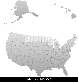 Detaillierte Karte der Vereinigten Staaten, einschließlich Alaska und Hawaii. Vereinigten Staaten mit jedem Staat Abkürzung Stock Vektor