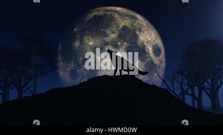 3D Rendern eines Wolfes, den Mond anheulen Stockfoto