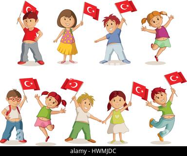 Vektor-Illustration der Kinder mit türkischer Flagge. 23 Nisan Çocuk Bayrami, April 23 türkische nationale Souveränität und Kinder Tag. Stock Vektor