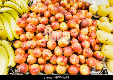 Nektarine Steinobst, umgeben durch Berge von gelbe süße Bananen in einer Box auf einen Zähler in einem Markt. Stockfoto