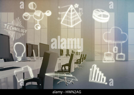 Zusammengesetztes Bild von Computer-Icons auf weißem Hintergrund gegen leeres Büro mit Schreibtischen und Computern 3d Stockfoto