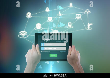 Abgeschnittenen Hand, die digital-Tablette gegen technische Bildschirm mit kleinen Pyramiden 3d Stockfoto