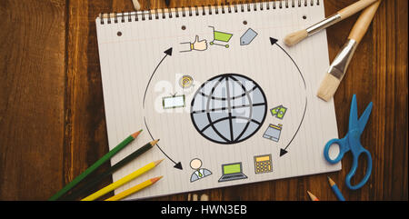Zusammengesetztes Bild des e-Commerce-Diagramm auf weißem Hintergrund gegen Notizblock auf Schüler-Schreibtisch Stockfoto