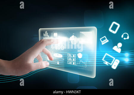 Hand der Frau gegen futuristische beschnitten Bildschirm 3d Stockfoto