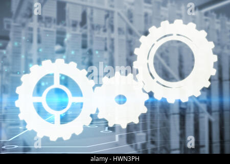 Zähne und Räder gegen Platine auf futuristische Hintergrund 3d Stockfoto