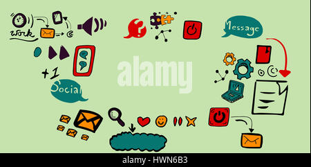 Zusammengesetztes Bild der social-Media-Symbole vor grünem Hintergrund Stockfoto