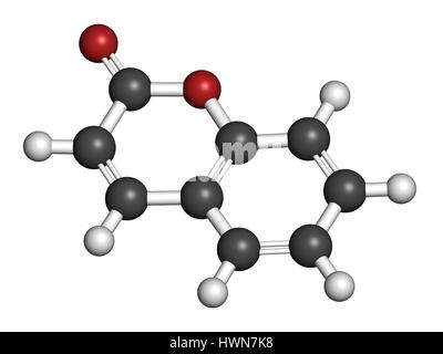 Cumarin pflanzliche duftenden Molekül. Verantwortlich für den Duft neue gemähtem Heu. 3D-Rendering. Atome sind als Kugeln mit herkömmlichen Farbe Codi vertreten. Stockfoto