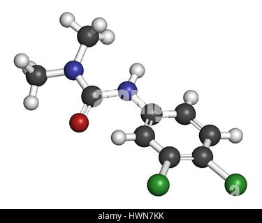 Diuron (DCMU) Herbizid-Molekül. 3D-Rendering. Atome sind als Kugeln mit konventionellen Farbcodierung vertreten: Wasserstoff (weiß), Kohlenstoff (grau), Nitr Stockfoto