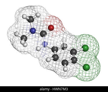 Diuron (DCMU) Herbizid-Molekül. 3D-Rendering. Atome sind als Kugeln mit konventionellen Farbcodierung vertreten: Wasserstoff (weiß), Kohlenstoff (grau), Nitr Stockfoto