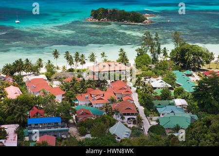 Seychellen, Insel Praslin, Anse Volbert, Luftaufnahme Feriendorf Stockfoto